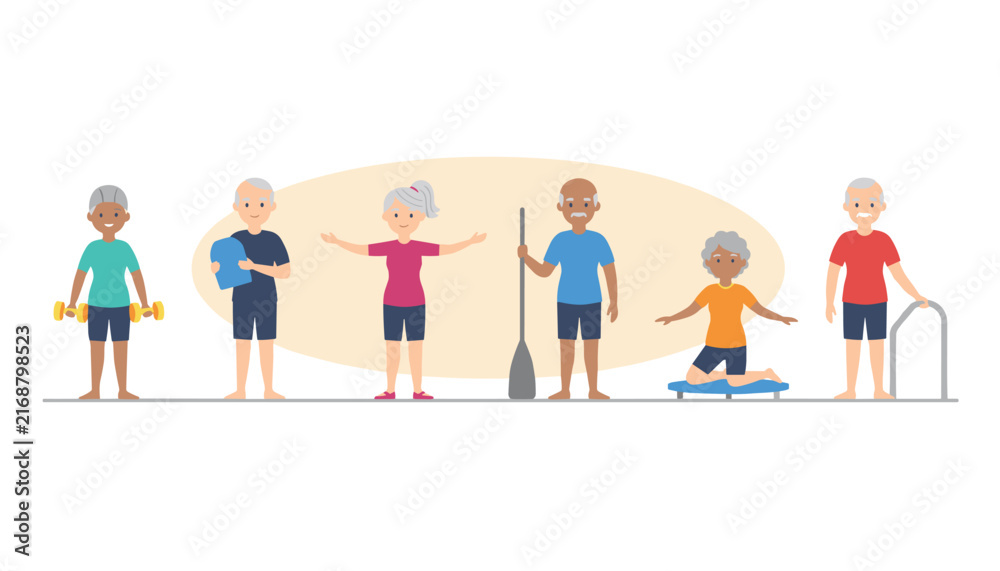 Fototapeta premium Diverse group of active senior citizens exercising and staying fit with physical therapy equipment.