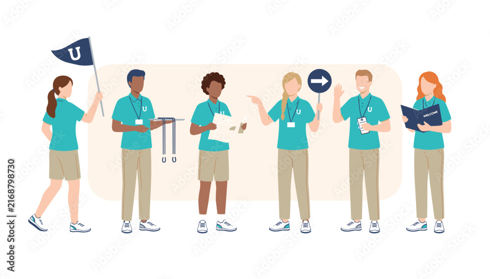 Obraz premium University campus tour guides stand in a row wearing matching teal polo shirts and holding directional signs and flags.