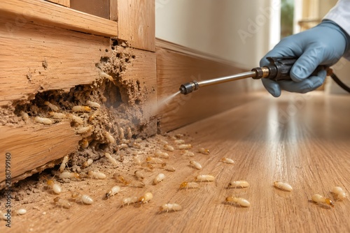 Professional termite treatment and termite control for severe termite infestation and wood damage in residential home with commercial pest control technician spraying affected wooden baseboard
