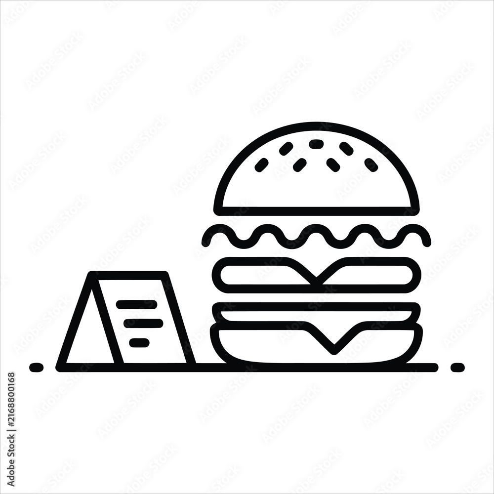 Fototapeta premium Simple linear icon of a delicious cheeseburger with a table menu sign