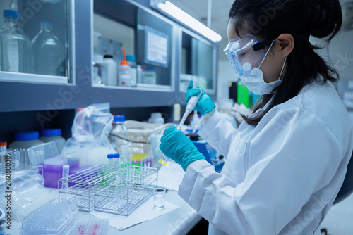 Quadro su tela Female researcher uses a pipette to handle toxic chemical samples in a laboratory
