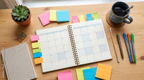 Planning the Day: An open planner with a calendar layout sits on a wooden desk, surrounded by sticky notes, pens, a coffee mug, and a small potted succulent.