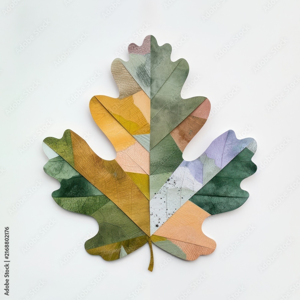 Fototapeta premium Colorful geometric oak leaf artwork on white background