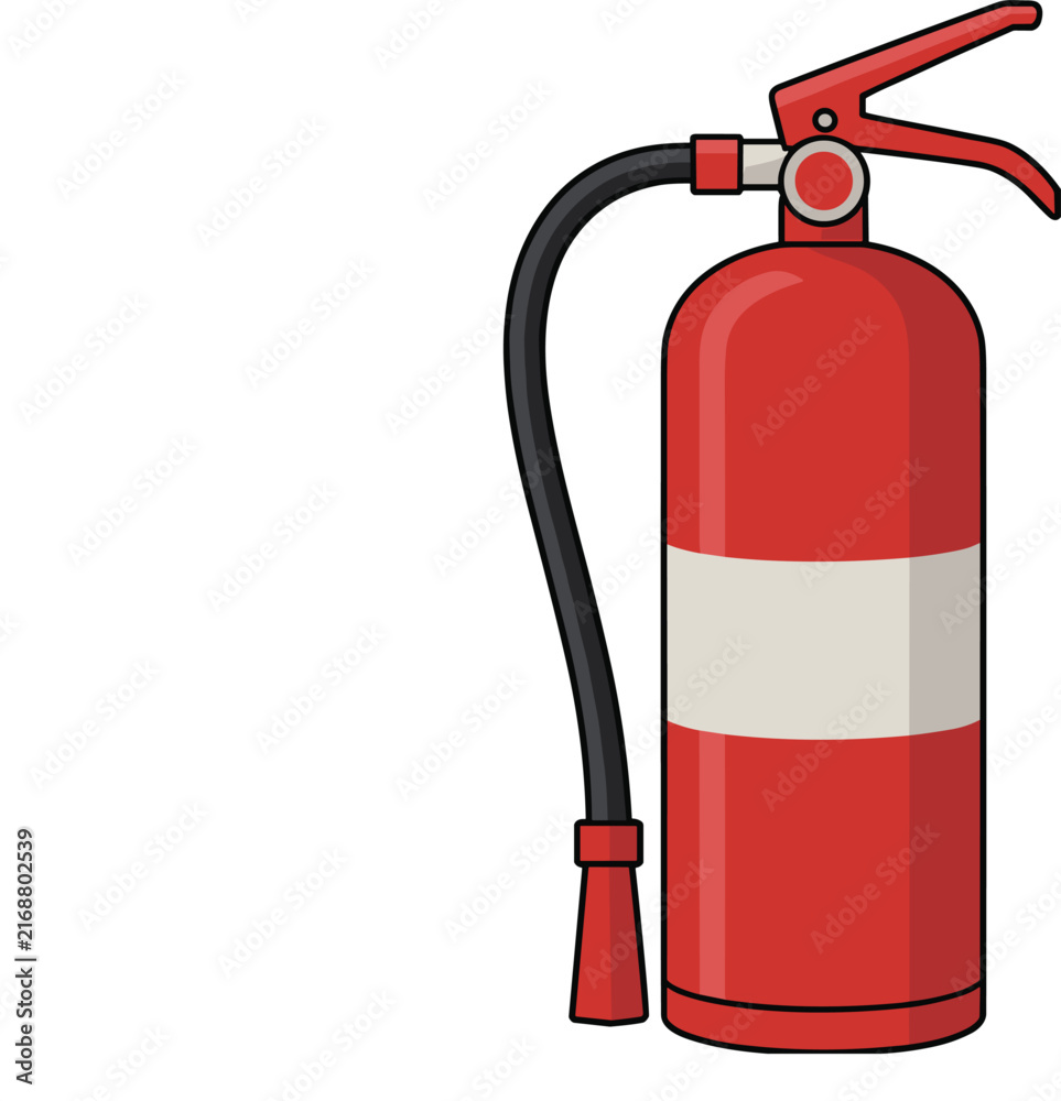 Obraz premium Vector illustration of a classic red fire extinguisher with a hose and blank label isolated on white background for safety security and emergency design conceptsVector illustration
