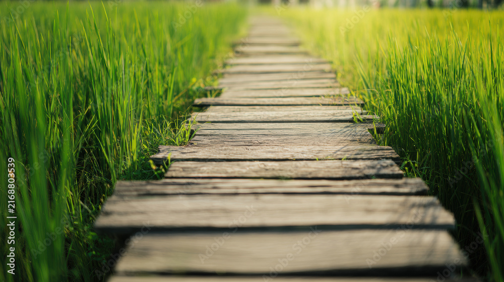 Obraz premium Wooden path leads through green rice field on a sunny day in rural area