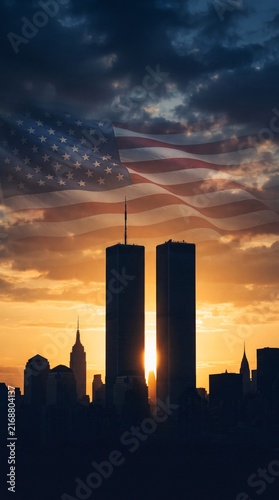 9/11 Patriot Day 20th Anniversary Remembrance with American Flag and New York Skyline