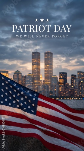 9/11 Patriot Day 20th Anniversary Remembrance with American Flag and New York Skyline