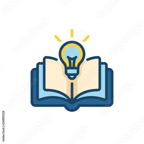 Open Book with Glowing Light Bulb Icon, Symbolizing Knowledge and New Ideas