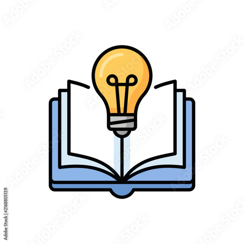 Open book with glowing light bulb, symbolizing new ideas, knowledge, and learning
