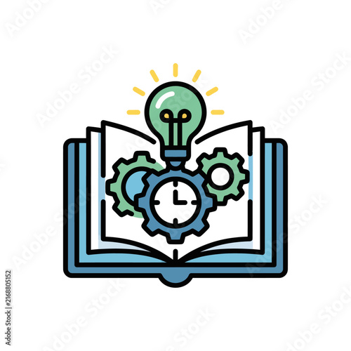 Open Book with Light Bulb, Gears, and Clock: Symbolizing Knowledge, Innovation, and Time Management