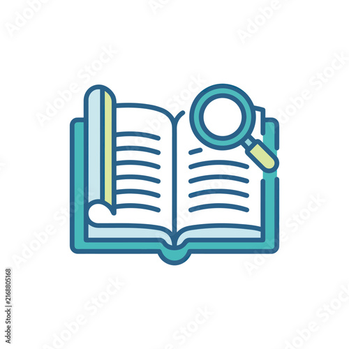 Open Book with Magnifying Glass Icon - Study, Research, Knowledge Concept