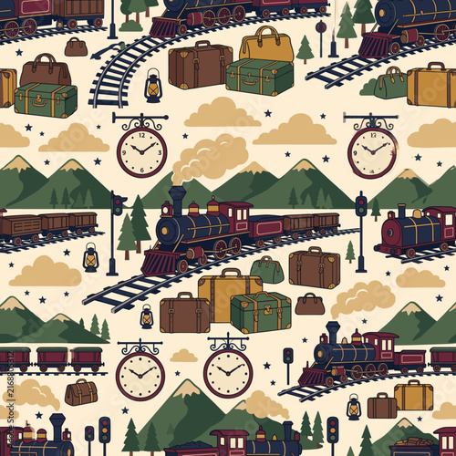 Vintage railway train and station clock seamless pattern