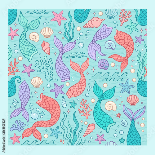 Seamless mermaid tail and seashell pattern on blue background