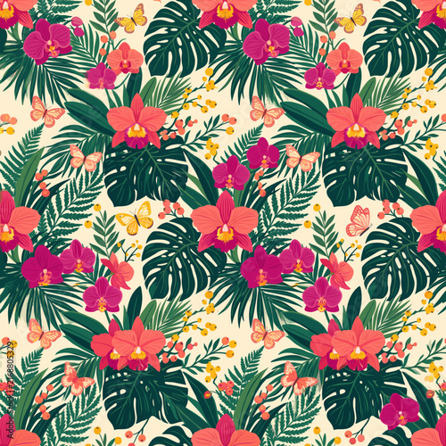 Tropical hibiscus and monstera leaf seamless pattern background