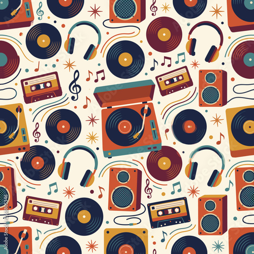 Retro music seamless pattern with vinyl records and cassette tapes