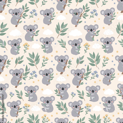 Seamless cute koala pattern with eucalyptus leaves and stars