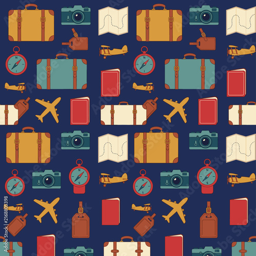 Vintage travel luggage and exploration equipment seamless pattern