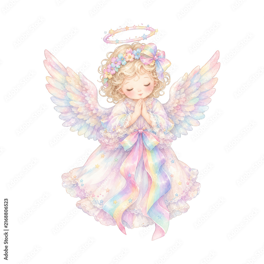 Fototapeta premium Cute angelic child with wings and halo, PNG with transparent background.