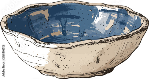 Handmade ceramic bowl with blue glaze and rustic texture isolated on white background