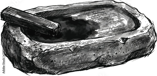 Traditional Chinese ink stone with ink stick for calligraphy and sumi-e art illustration