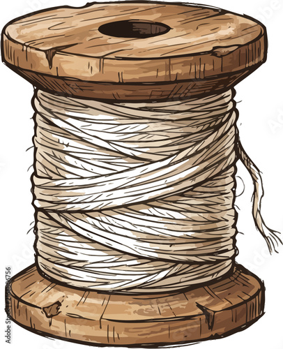 Vintage wooden spool with white thread for sewing and craft projects