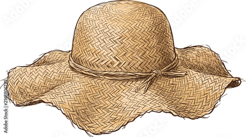 Vintage straw sun hat with wide brim isolated on white background