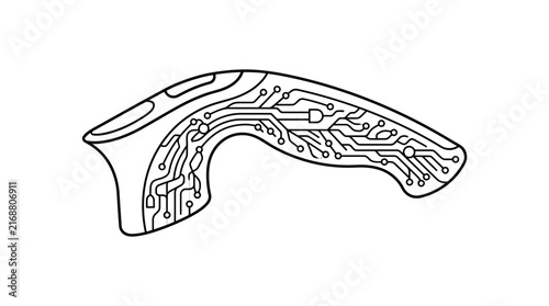 Plakat Abstract futuristic curved object with integrated electronic circuit board pattern.