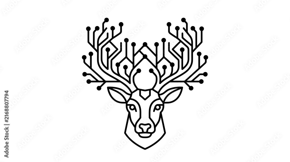 Fototapeta premium Minimalist digital deer head with circuit board antlers line art illustration.
