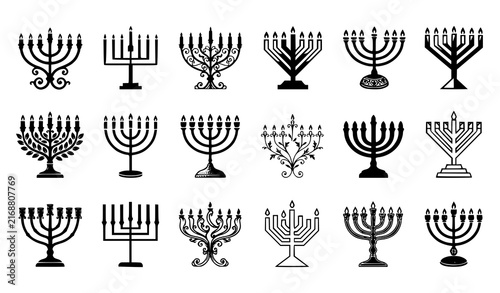 Hanukkah Menorah Black White Vector Icons, Jewish Candle Silhouette and Outline Set