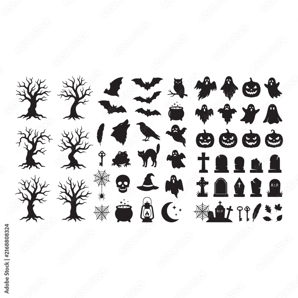 Fototapeta premium Halloween silhouette set with haunted trees, bats, ghosts, pumpkins, tombstones, skulls, and witch hats isolated on a white background