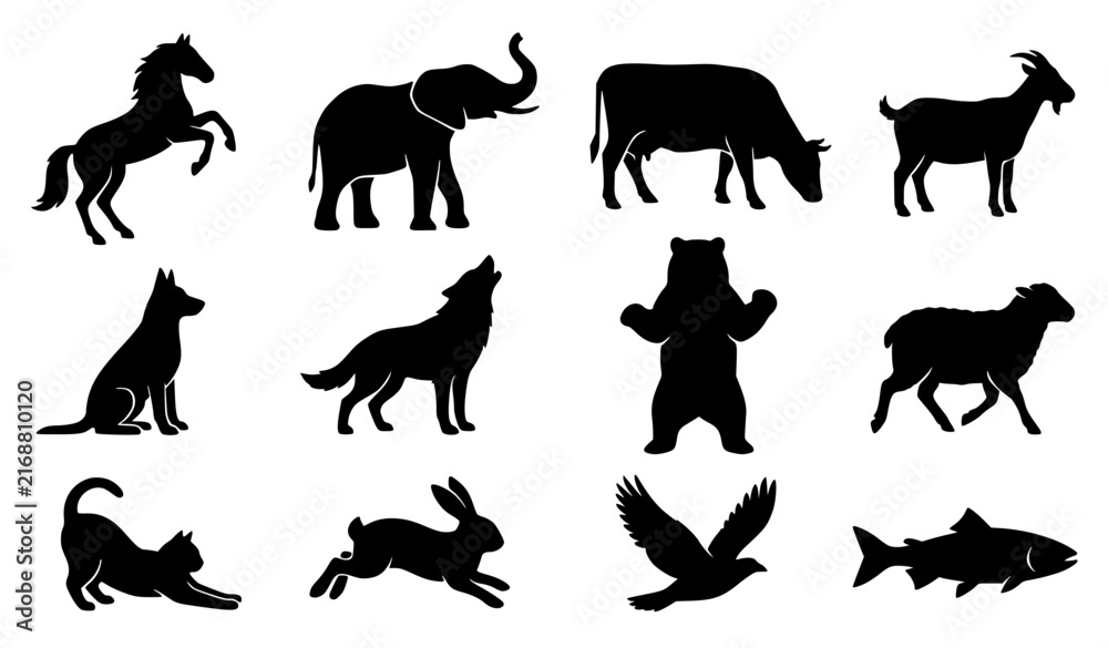 Obraz premium Black Domestic and Wild Animal Silhouette Vector Illustration Collection