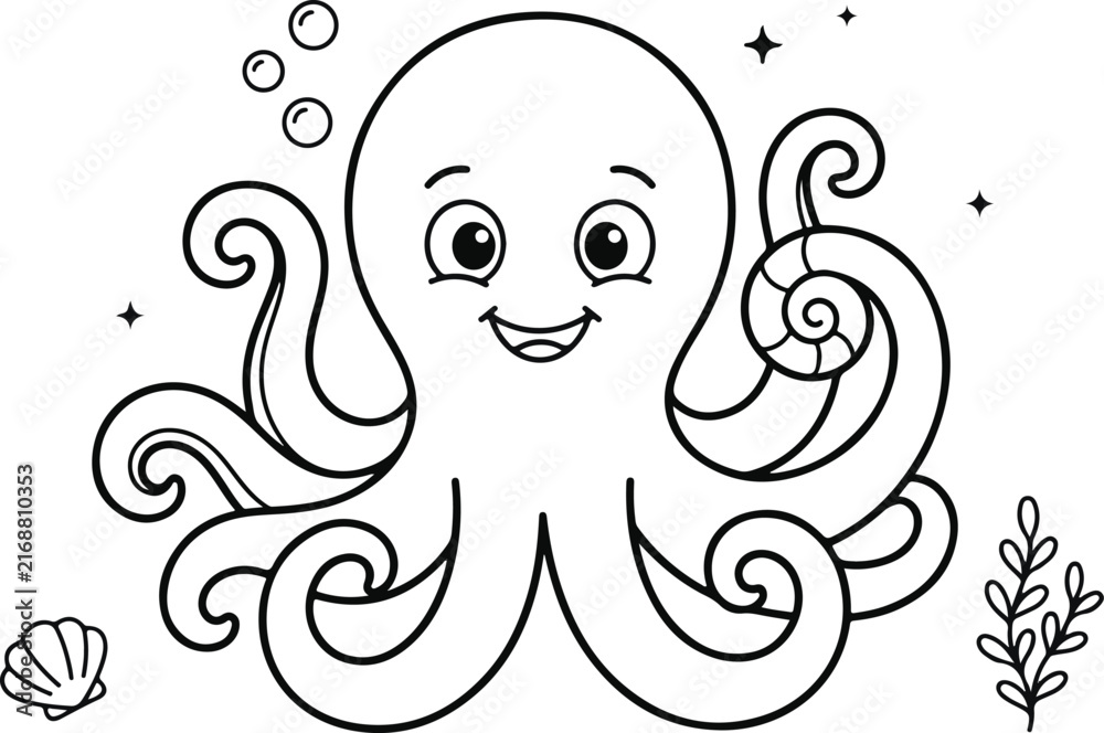 Obraz premium Happy cartoon octopus holding a shell, bubbles, stars and seaweed, simple line art coloring page for kids