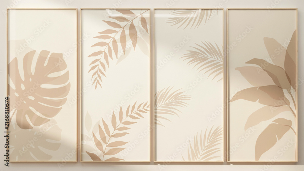 Naklejka premium Four vertical wall panels displaying tropical palm and monstera leaf silhouettes