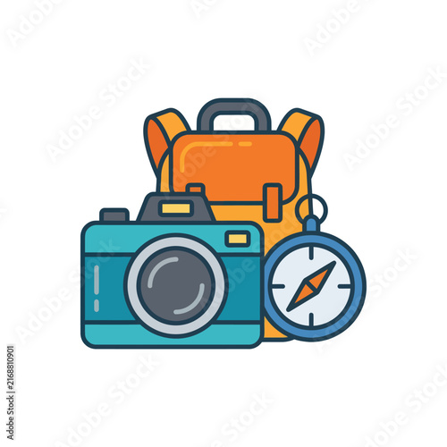 Travel Essentials: Camera, Backpack, and Compass Icon Set