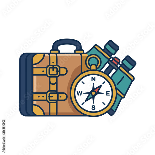 Travel Adventure Icons: Suitcase, Compass, Binoculars - Flat Design