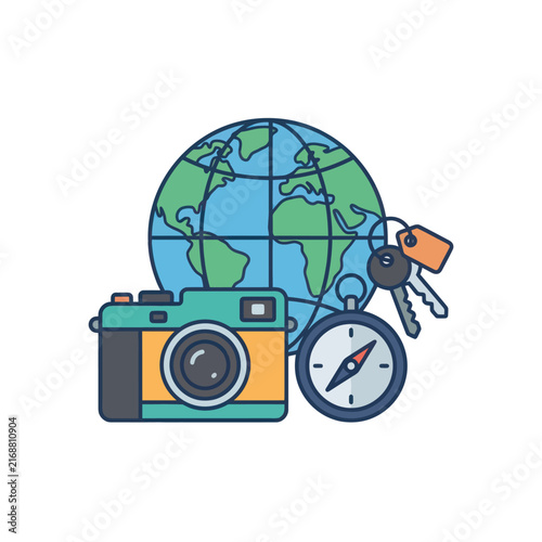 Travel and Exploration Icons: Camera, Globe, Compass, Keys