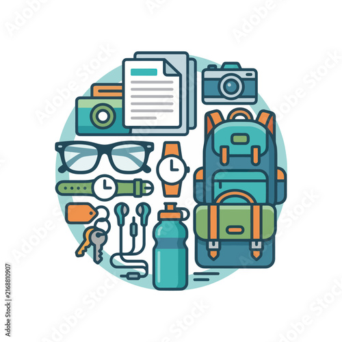 Travel Essentials Flat Design: Backpack, Camera, Glasses, Watch, Keys, Earphones