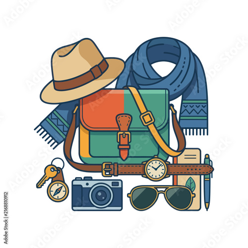 Travel Essentials Flat Lay: Hat, Scarf, Bag, Camera, Watch, Sunglasses, Compass, Keys