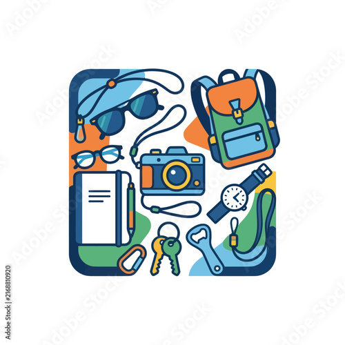 Travel Essentials Flat Lay: Camera, Backpack, Sunglasses, Watch, Notebook, Keys