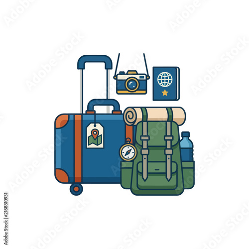 Travel Essentials: Suitcase, Backpack, Camera, Passport, and Compass