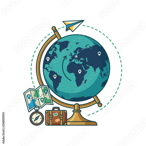 Travel Globe with Map, Compass, Suitcase and Paper Plane - World Exploration Concept