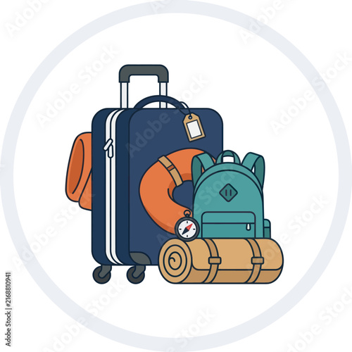 Travel Luggage and Backpack with Camping Gear and Compass