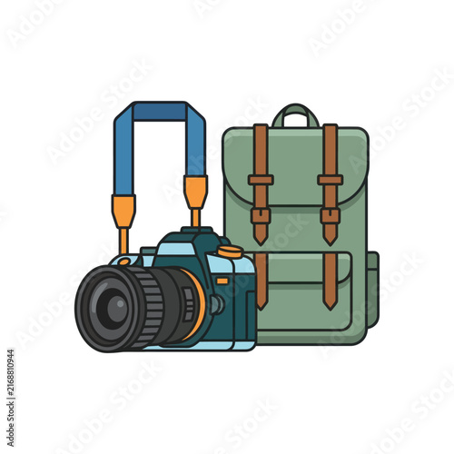 Travel Photography Gear: Camera and Backpack Icon, Adventure Equipment