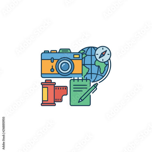 Travel Photography Concept: Camera, Globe, Compass, Notebook, Pen, Film Roll