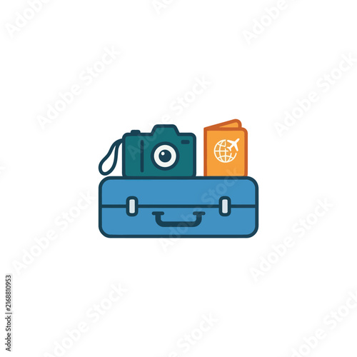 Travel luggage with camera and passport, vacation preparation, travel concept