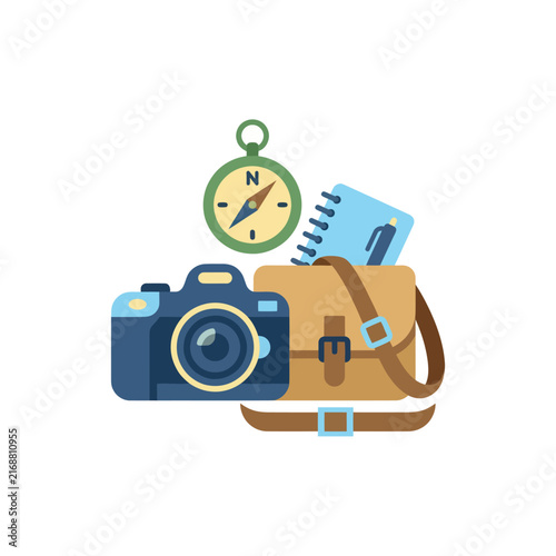 Travel Photography Gear: Camera, Bag, Compass, Notebook for Adventure and Exploration