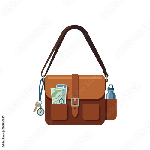 Travel Satchel Bag with Map, Compass, Key, and Water Bottle