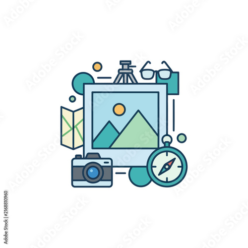 Travel Photography Icons: Camera, Compass, Map, Tripod, Glasses, Landscape Photo