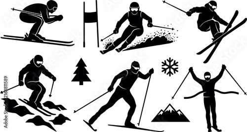 Foto Silhouettes of skiers in various downhill poses against a white background skier