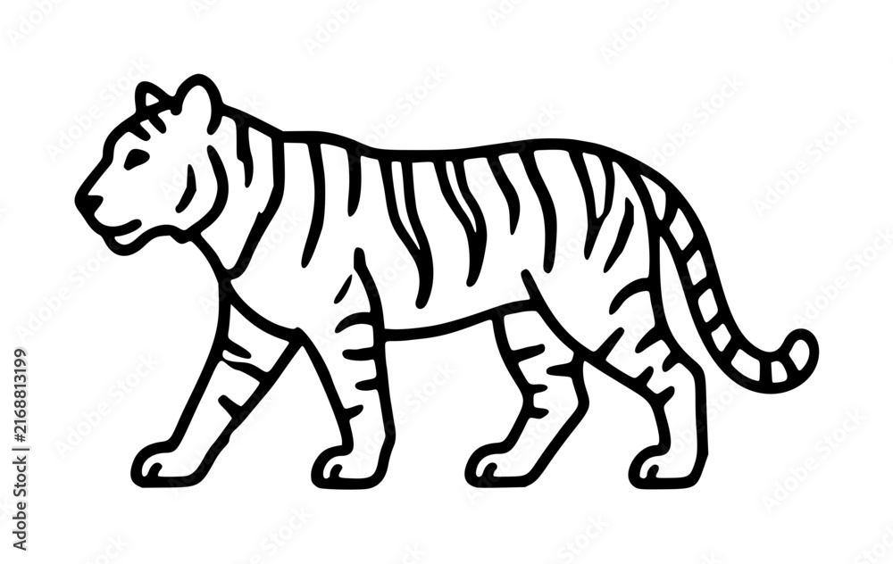 Obraz premium Minimalist black and white vector icon illustration of a majestic walking tiger with detailed stripes and a powerful stance, perfect for wildlife conservation logos, nature branding, or zoo graphics.